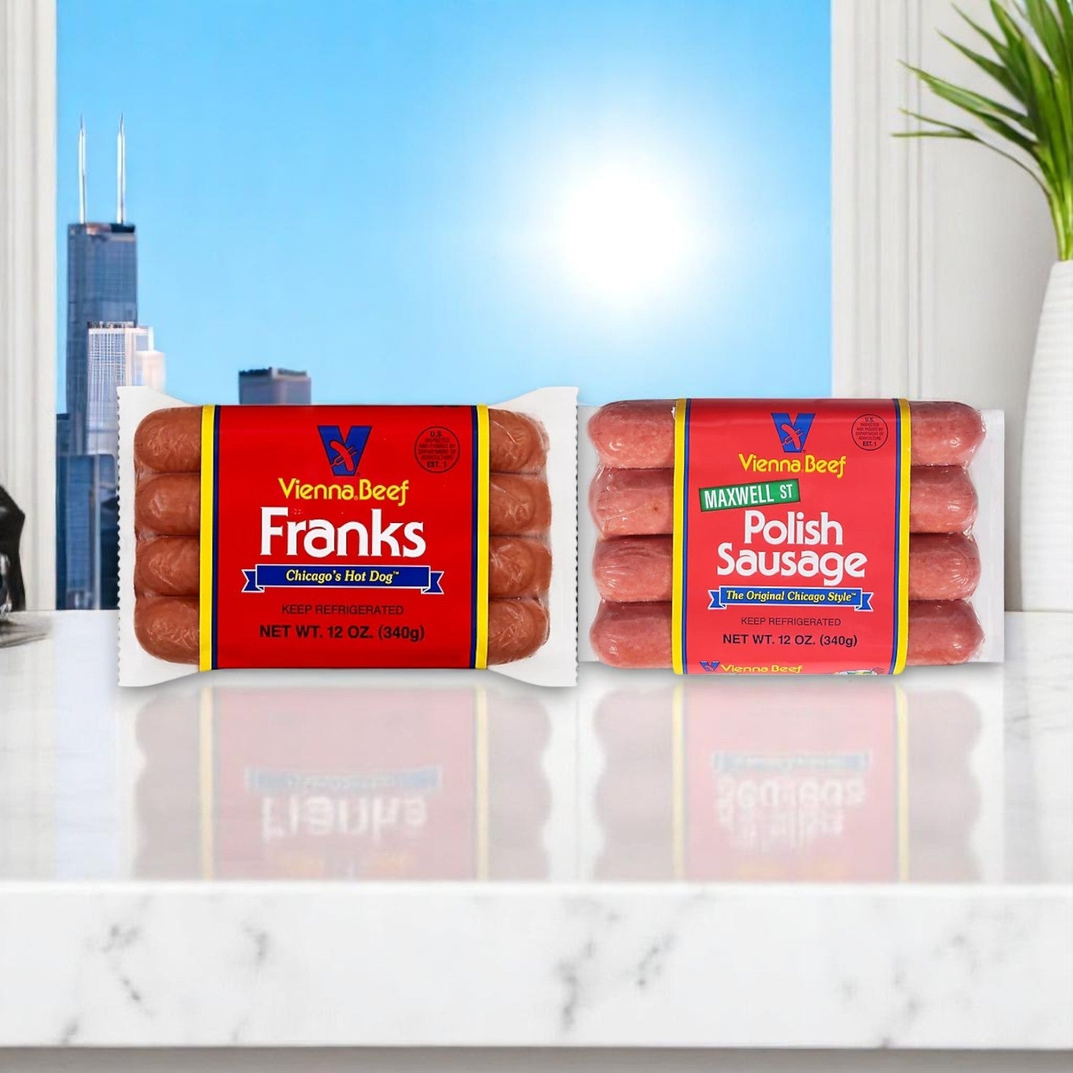 Two packs from the Easy Bundle's Chicago Style Bundle – A True Taste of the Windy City! sit on a marble counter, with a city skyline visible through the window in the background.