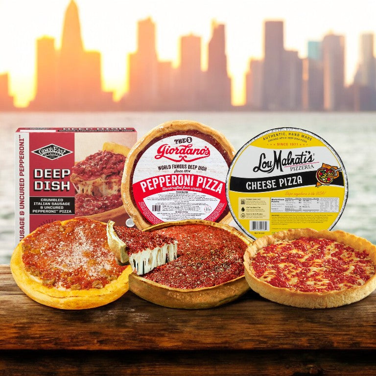 Three deep-dish pizzas by Easy Lunches, each with a slice cut out, are displayed with their packaging against a sunset city skyline, highlighting the authentic Windy City taste of the Deep Dish Combo Pack!.