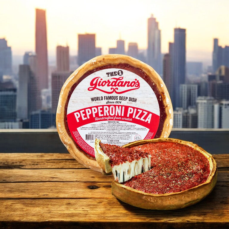 A Chicago deep dish pizza, with a slice removed to reveal cheesy layers, rests on a wooden surface. In the background, the city skyline looms. A round pizza box labeled "Easy Lunches Deep Dish Combo Pack! 3 Total Deep Dish Pizzas!" highlights authentic Windy City flavors from an iconic pizzeria.
