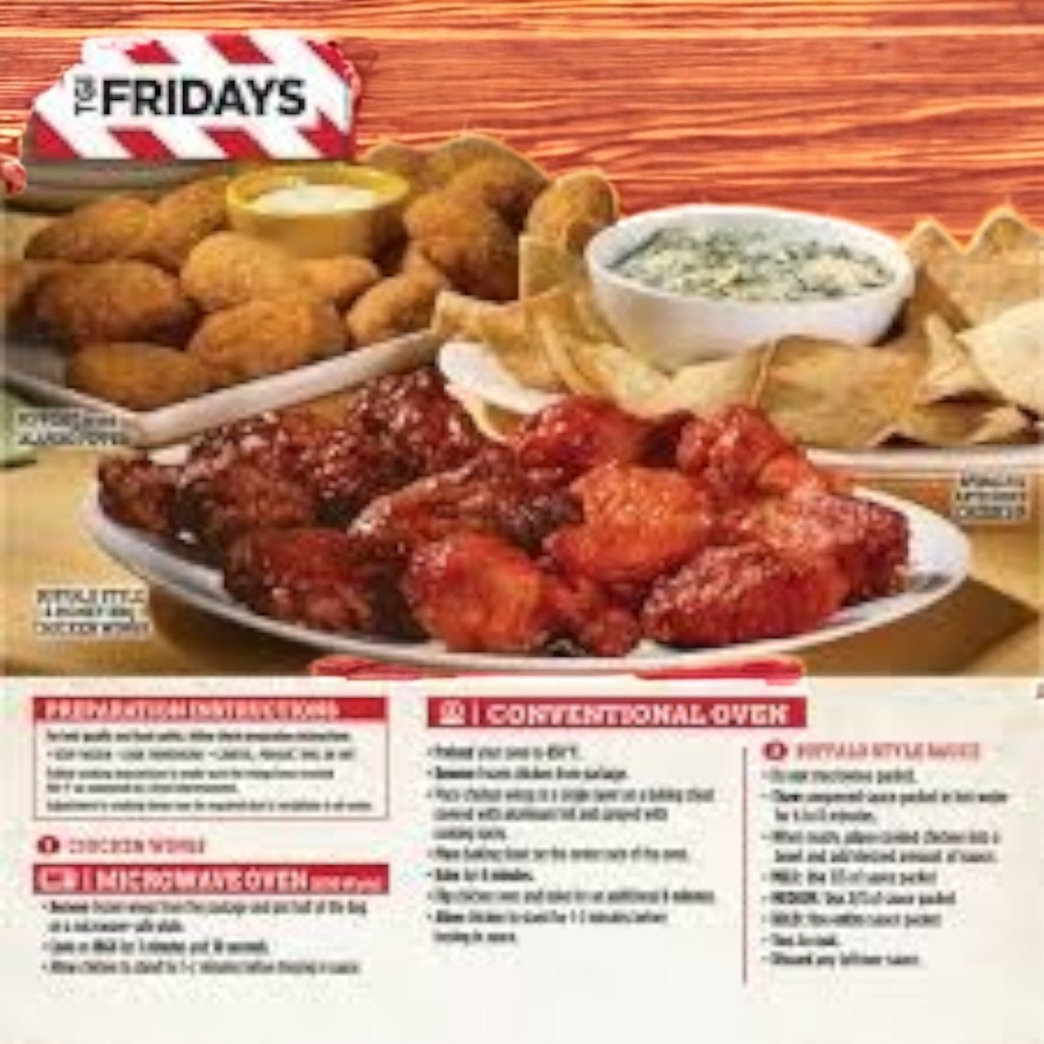 TGI Fridays offers a tempting selection of fried snacks, featuring their famous TGIF Fridays Buffalo Style Chicken Wings- 1 Count, coated in tasty buffalo sauce, with dips and cooking instructions, elegantly presented on a wooden surface.