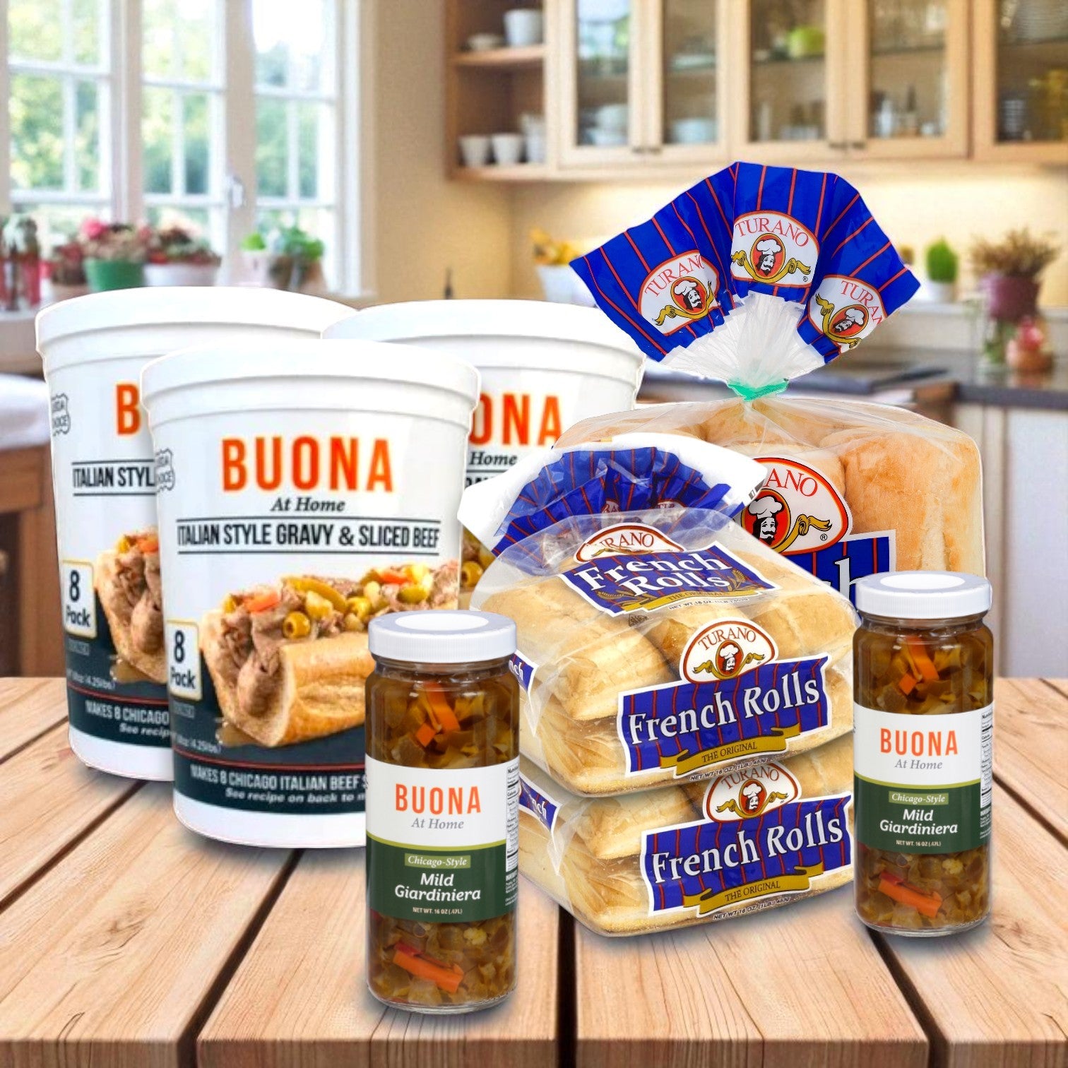 Buona Italian Beef Party Kit – 24 Sandwich Servings with Turano® Rolls & Buona Mild Giardiniera