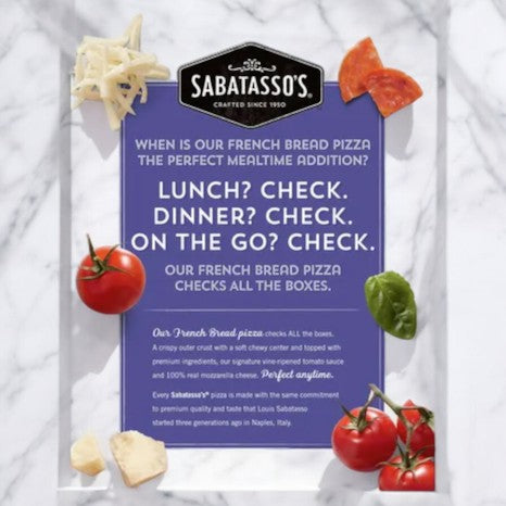 Sabatasso's ad features their French Bread Pepperoni Pizza—48.6 oz., 3 packs—surrounded by cheese, tomatoes, basil, and pepperoni on a light background, perfect for crispy French bread pizza lovers.