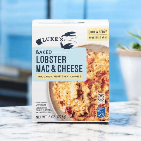 A box of Luke's Organic Baked Lobster Mac & Cheese-1 Count from Luke's is displayed on a counter, labeled as a cook and serve homestyle meal—ideal gourmet comfort food for any occasion.