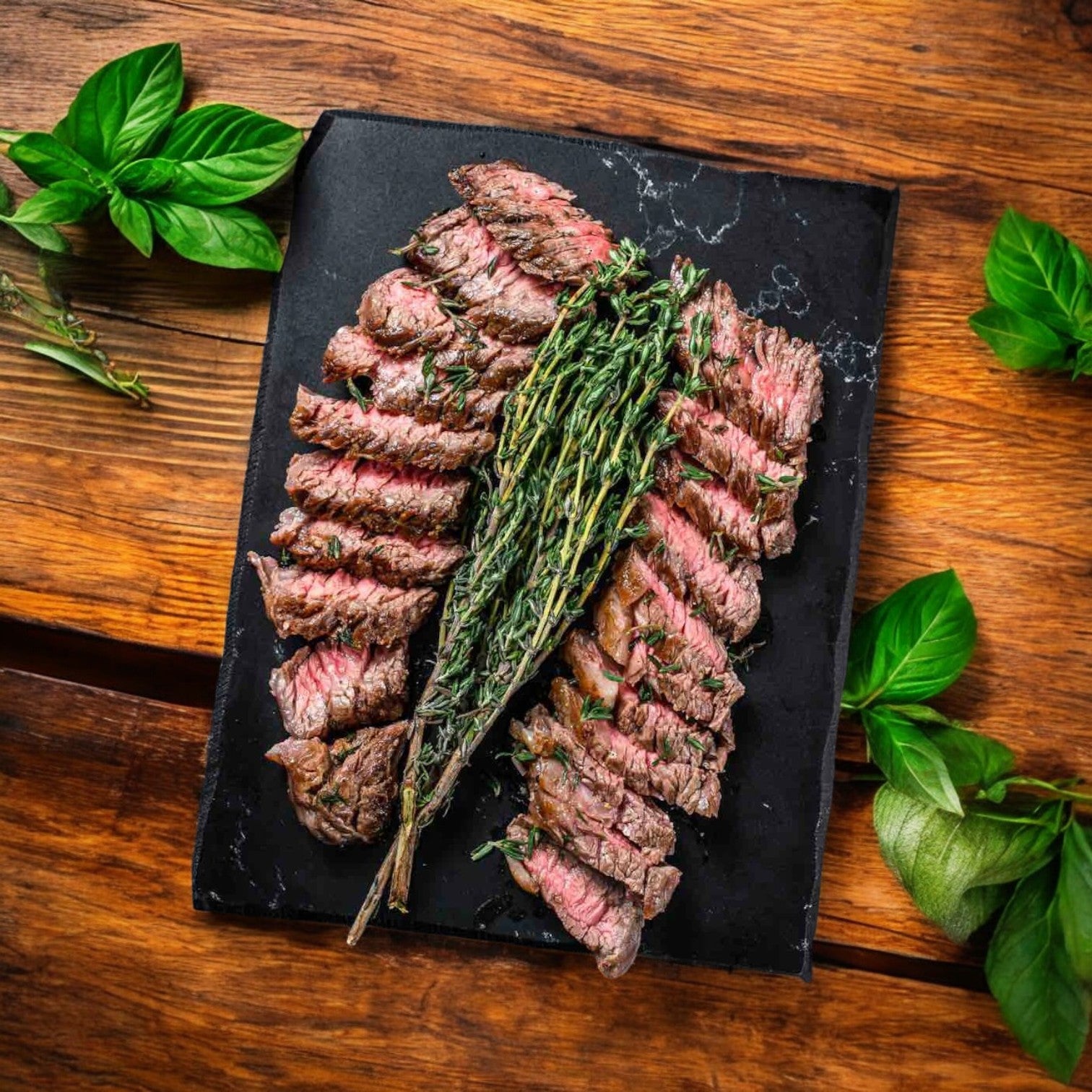 Sliced silver fern farms Halal Outside Skirt Steak, 6 lb Avg, is arranged medium-rare on a black slate board, garnished with fresh herbs and green leaves atop a wooden table.