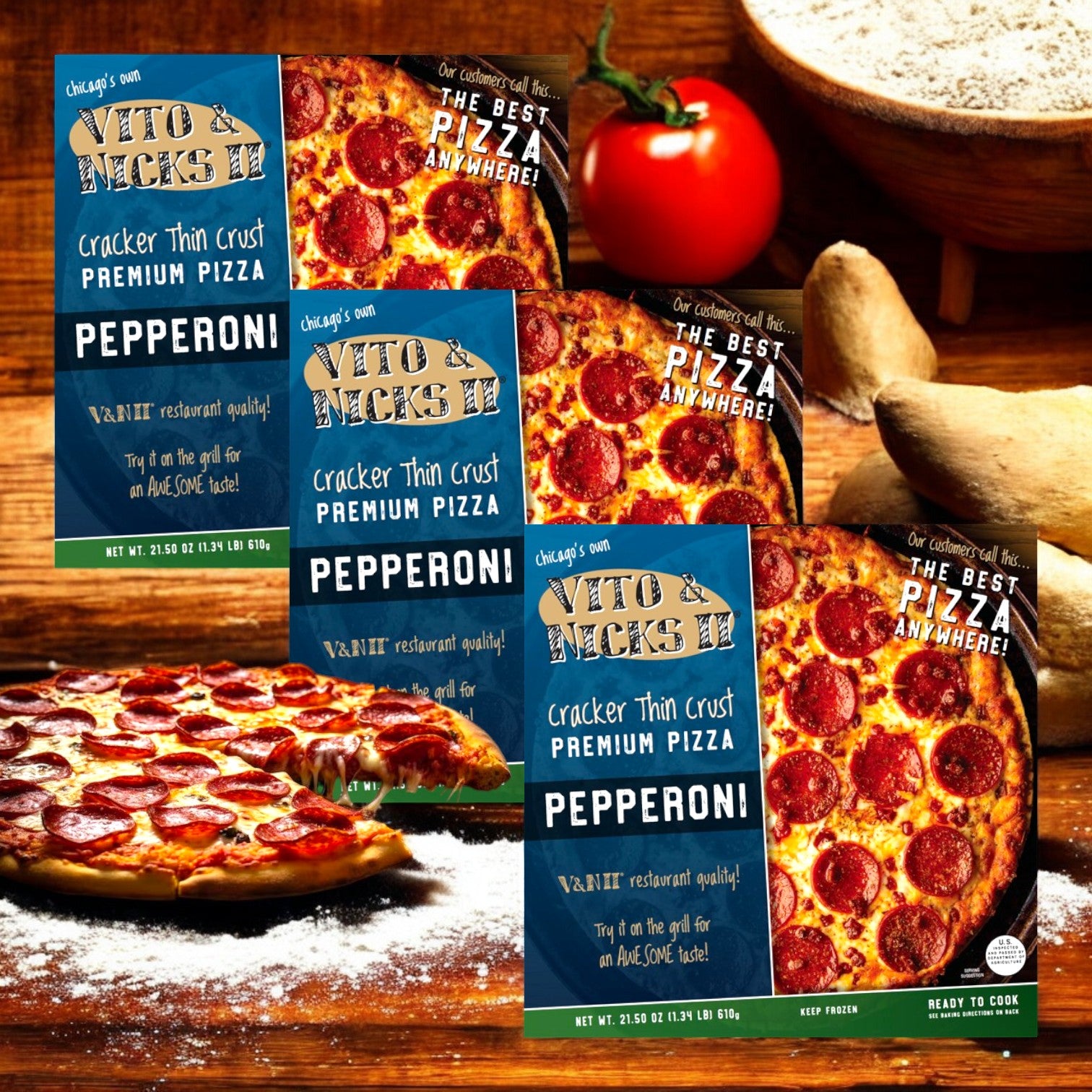 Three boxes of Vito & Nick's Cracker Thin Crust Pepperoni Pizza, 21.5 oz., are shown with a baked pizza, fresh tomato, flour, and a bowl of cheese displayed in the background.