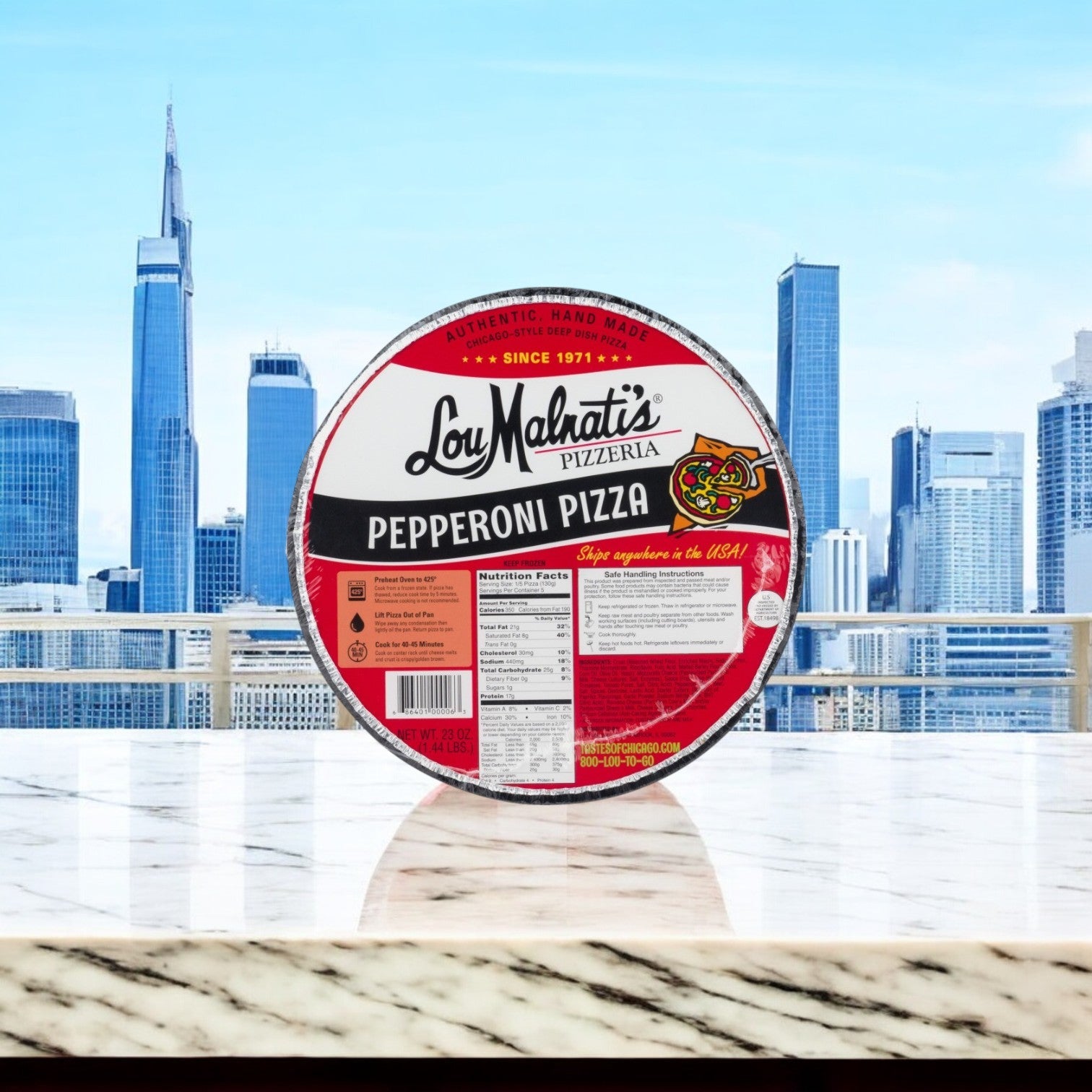 A Chicago's Best Deep Dish Pizza 3 Pack Combo from Lou Malnati's, Gino's East, and Giordano's sits on a marble surface with a city skyline in the background.