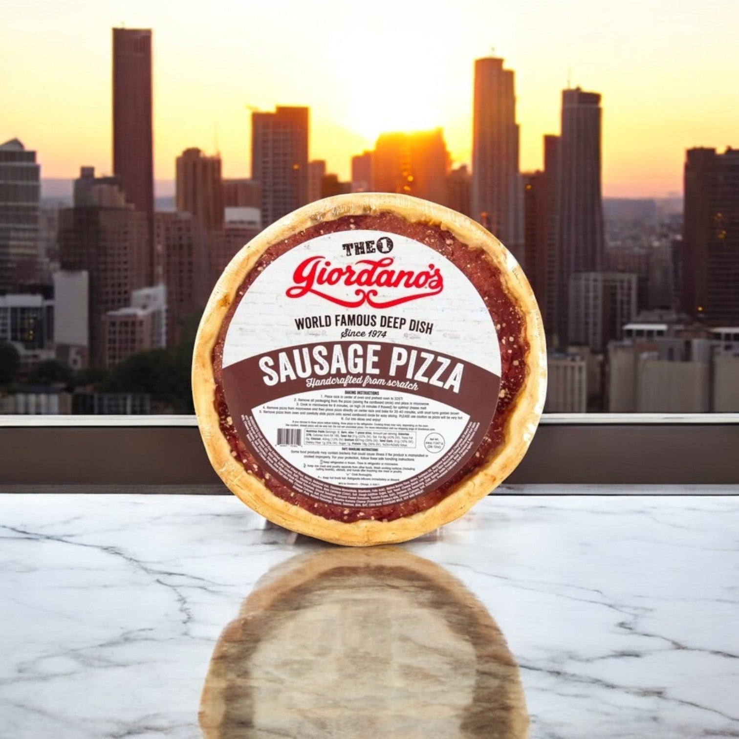 A 3 Pack Combo of Chicago's Best Deep Dish Pizza—Lou Malnati's, Gino's Easy, and Giordano's—sits on marble with a city skyline and sunset in the background, showcasing legendary Chicago flavors from Lou Malnati's.