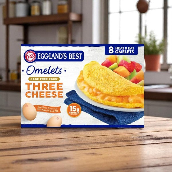 An 8-count box of Eggland’s Best Three Cheese Omelets, made with cage-free eggs, sits on a wooden counter, showcasing the protein-packed breakfast with fruit on the Eggland’s Best packaging.