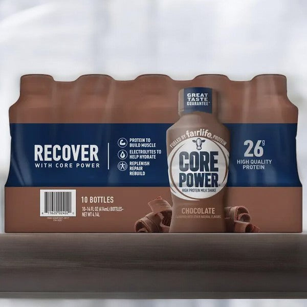 A shelf displays a 10-pack case of FairLife Core Power Protein Shake, Chocolate flavor—each ready-to-drink shake provides 26g of protein.