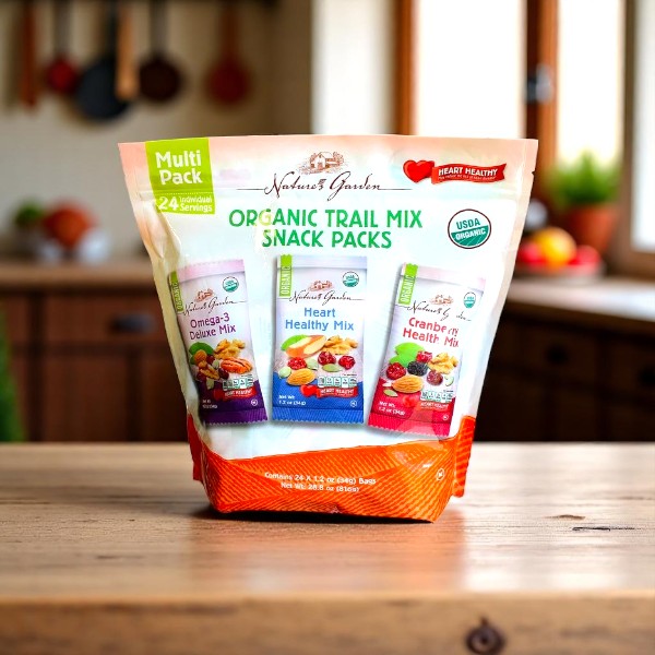 A Nature Garden Organic Trail Mix Snack Packs, Variety Pack (24 Count) sits on a kitchen table, featuring three tasty options: Omega-3 Deluxe Mix, Heart Healthy Mix, and Cranberry Health Mix.
