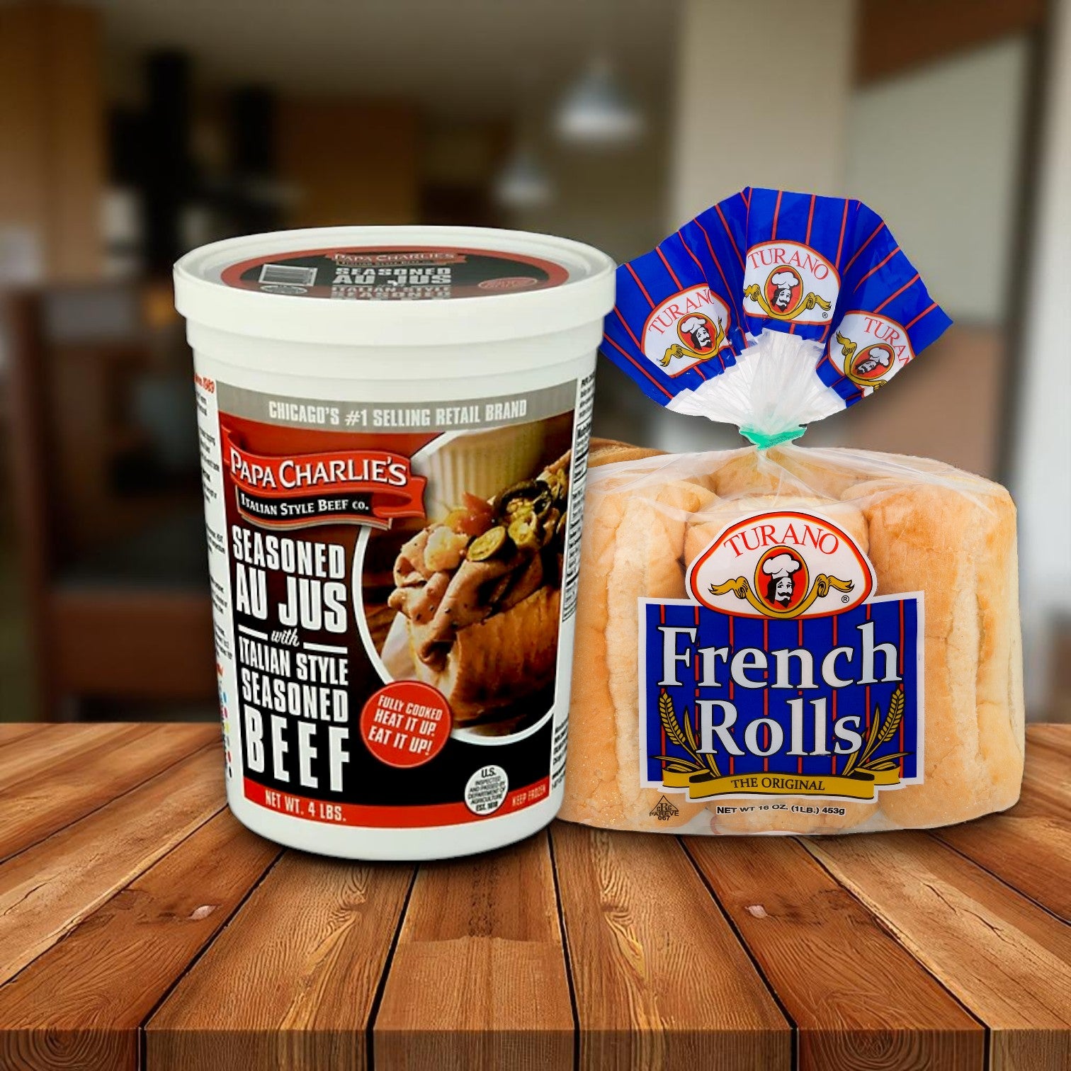 Papa Charlie’s Italian Beef Sandwich Kit – 3-Pack Combo with Turano® Rolls by Papa Charlie’s is displayed on a wooden table, ready to create the perfect Chicago-style Italian beef sandwich.
