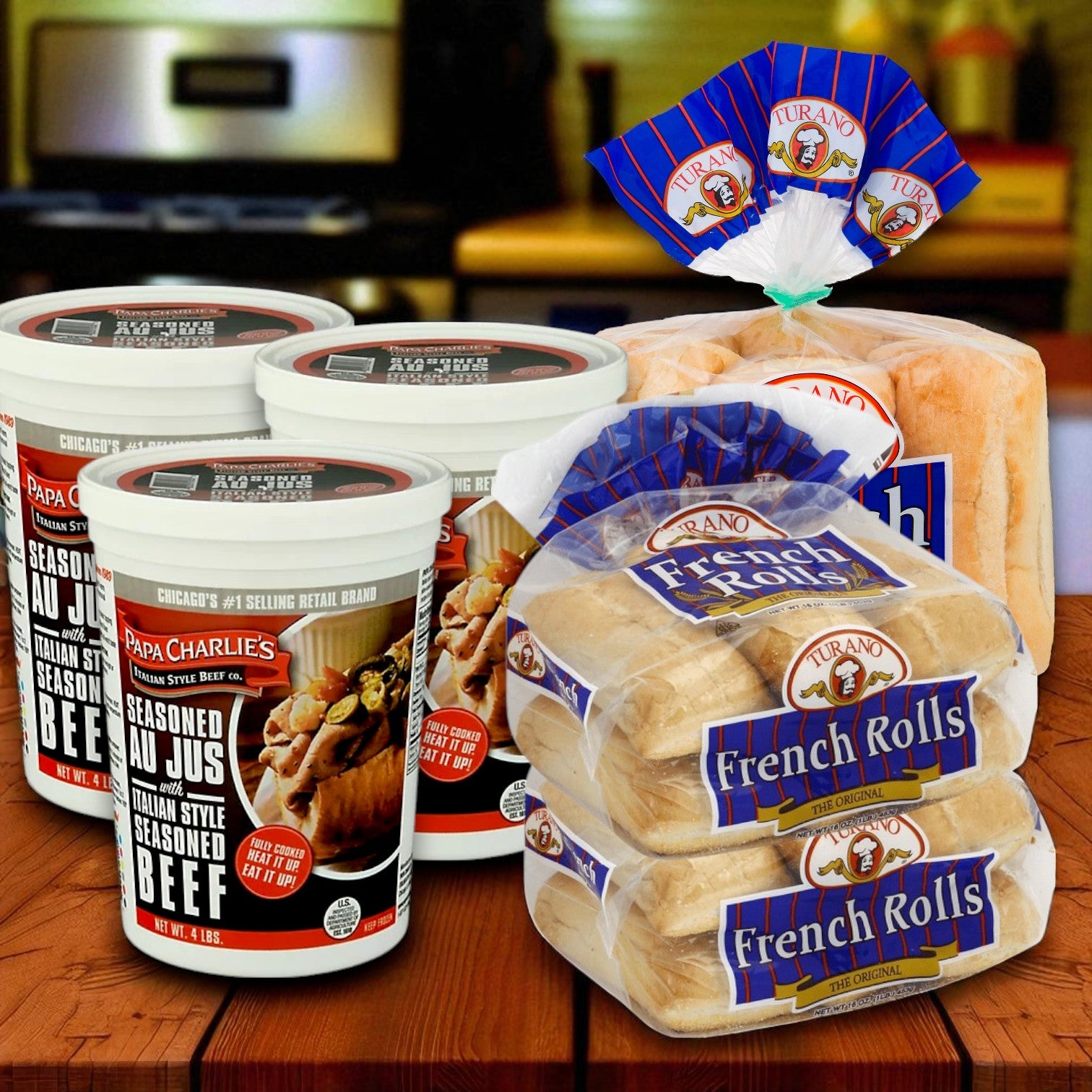The Papa Charlie’s Italian Beef Sandwich Kit – 3-Pack Combo with Turano® Rolls by Papa Charlie's is displayed on a kitchen counter, perfect for making Chicago-style Italian beef sandwiches at home.