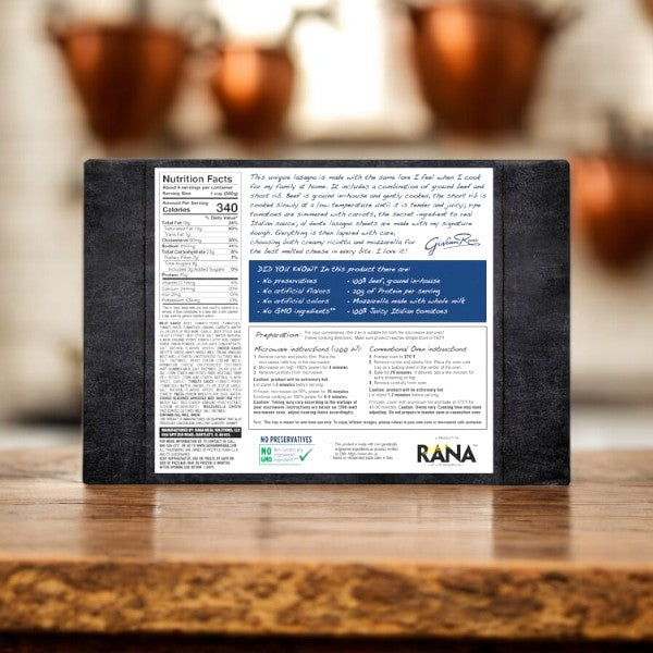 The back of a Giovanni Rana Beef & Short Rib Lasagna, 42 oz (1 Count) package shows nutrition facts, cooking steps, ingredients, and company info—providing all you need for a delicious ready-made pasta meal.