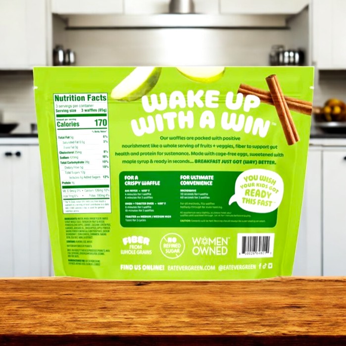The Evergreen Apple Cinnamon Cobbler Mini Waffles (9 oz) package displays nutrition facts, product description, preparation instructions, and various product claims and certifications on the back.