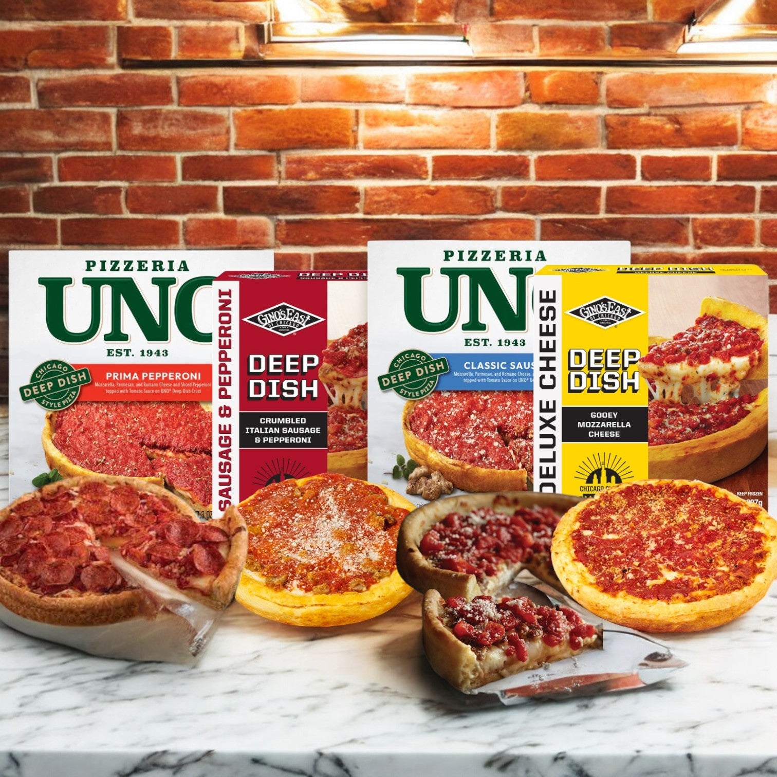 Easy Lunches' Chicago's Deep Dish Mix frozen pizzas are beautifully presented on a marble surface with slices shown against a rustic brick backdrop.