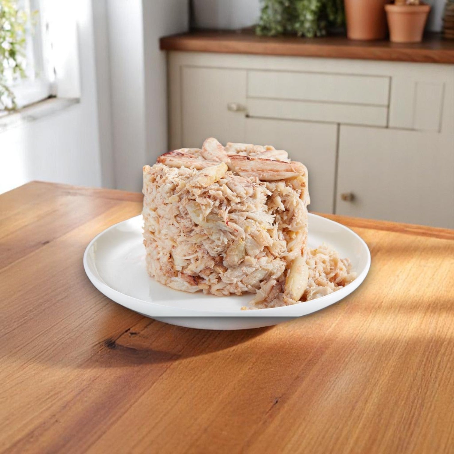 A generous portion of Handy Claw Crab Meat – 16 oz from Handy Claw Crab Meat is served on a white plate, placed on a wooden table in a kitchen setting.