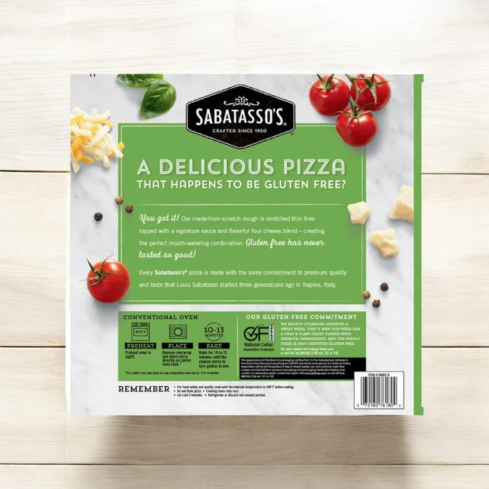 A box of Sabatasso's Gluten-Free Four Cheese Pizza, 3-Pack features a green and white design with images of red tomatoes and cheese pieces. It includes detailed information about its gluten-free ingredients while promising a crispy crust and convenient baking instructions for an enjoyable meal.