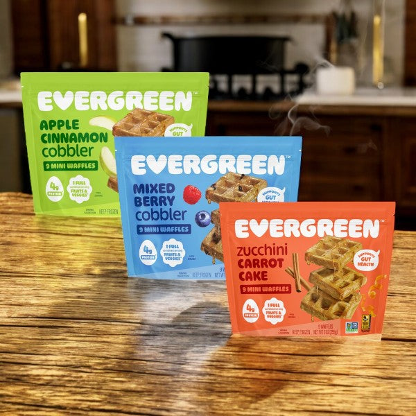 The Evergreen 3-Pack Combo – Mini Waffles Variety Pack from Evergreen features apple cinnamon cobbler, mixed berry cobbler, and zucchini carrot cake flavors for frozen convenience straight from your kitchen counter.