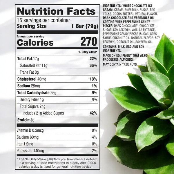 The nutrition facts panel on the left provides details on the calories, fats, cholesterol, sodium, carbohydrates, and protein in Haagen-Dazs Peppermint Bark Ice Cream Bars. On the right are insights into Haagen-Dazs' dedication to using natural ingredients along with allergen information.