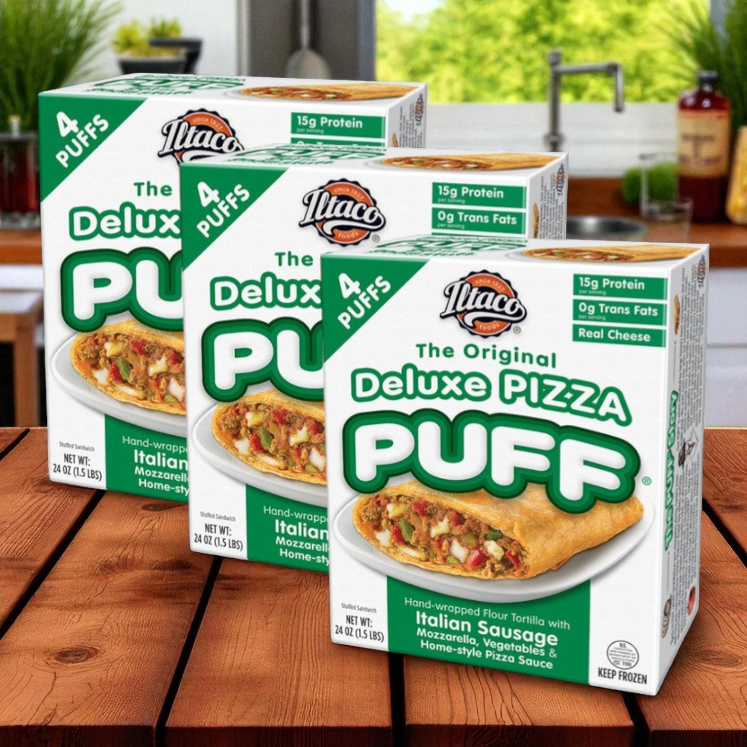 Three boxes of Iltaco Foods Deluxe Pizza Puffs — 24 oz, 3 Packs, are displayed on a wooden surface in a kitchen with fresh vegetables in the background, highlighting these classic Chicago pizza puffs.