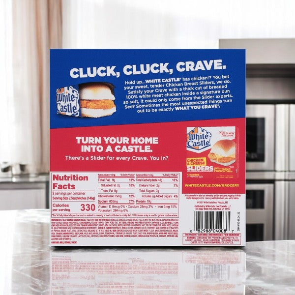 Back of a White Castle Sliders, Chicken Breast- 4 Count box on a kitchen counter, featuring seasoned chicken breast patty, product details, nutrition facts, and promotional info for these White Castle classic fast food sliders.