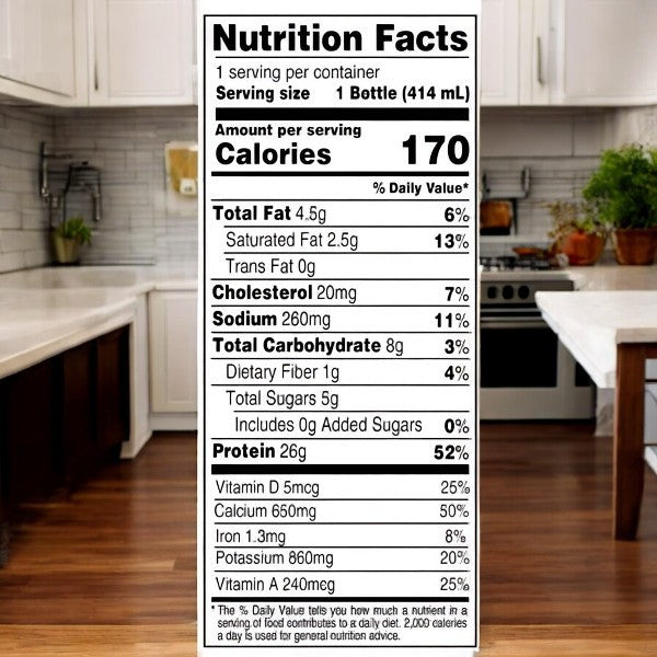 Nutrition facts label for Fairlife Core Power Protein Shake, Chocolate, 414 mL (10 pack)—highlighting calories, fat, cholesterol, sodium, carbs, protein & vitamins—beautifully displayed in a modern kitchen setting.