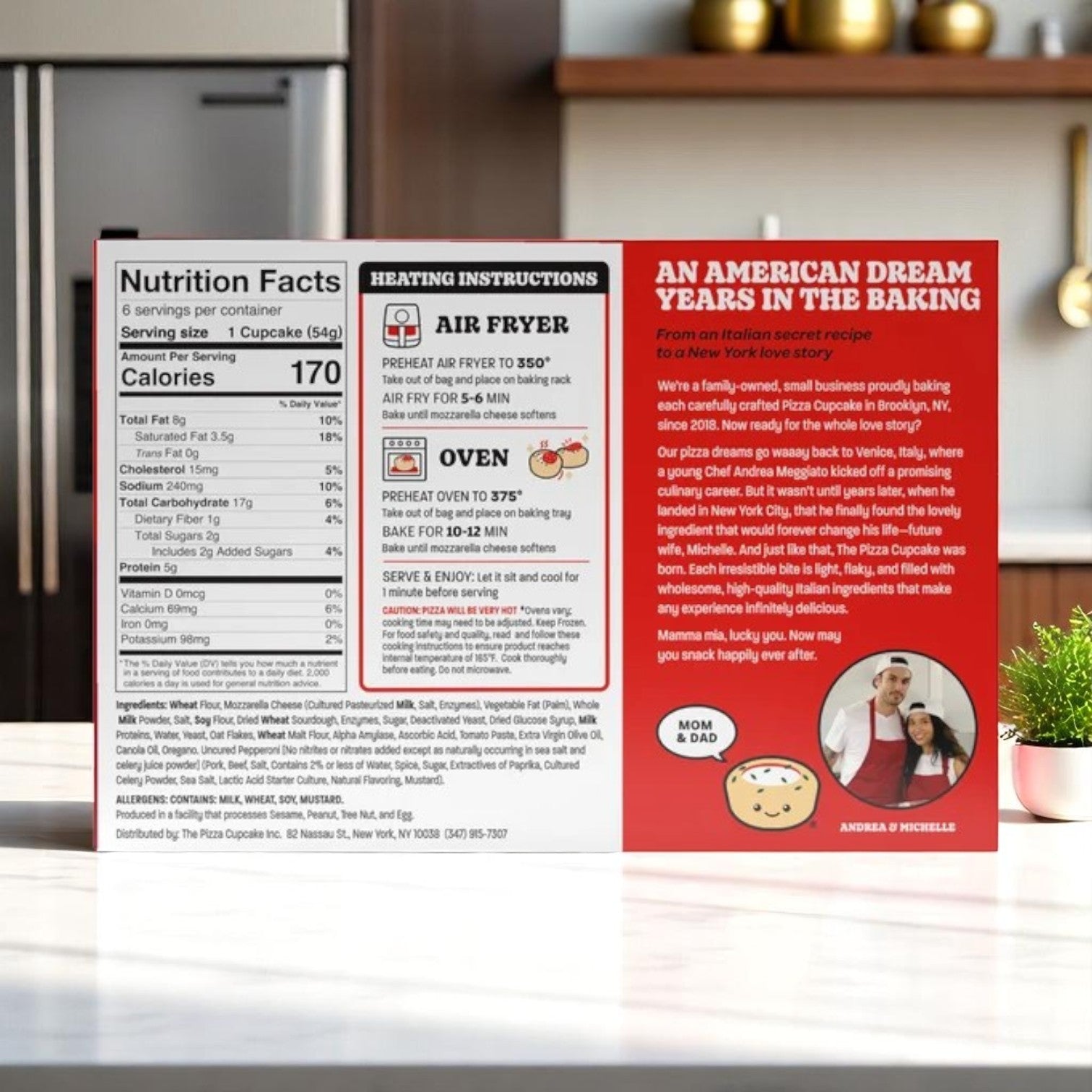 A box of The Pizza Cupcake Pepperoni- 3 Count from The Pizza Cupcake sits on the counter, showing nutrition facts, air fryer and oven heating instructions, plus a brief family story with mozzarella and pepperoni.