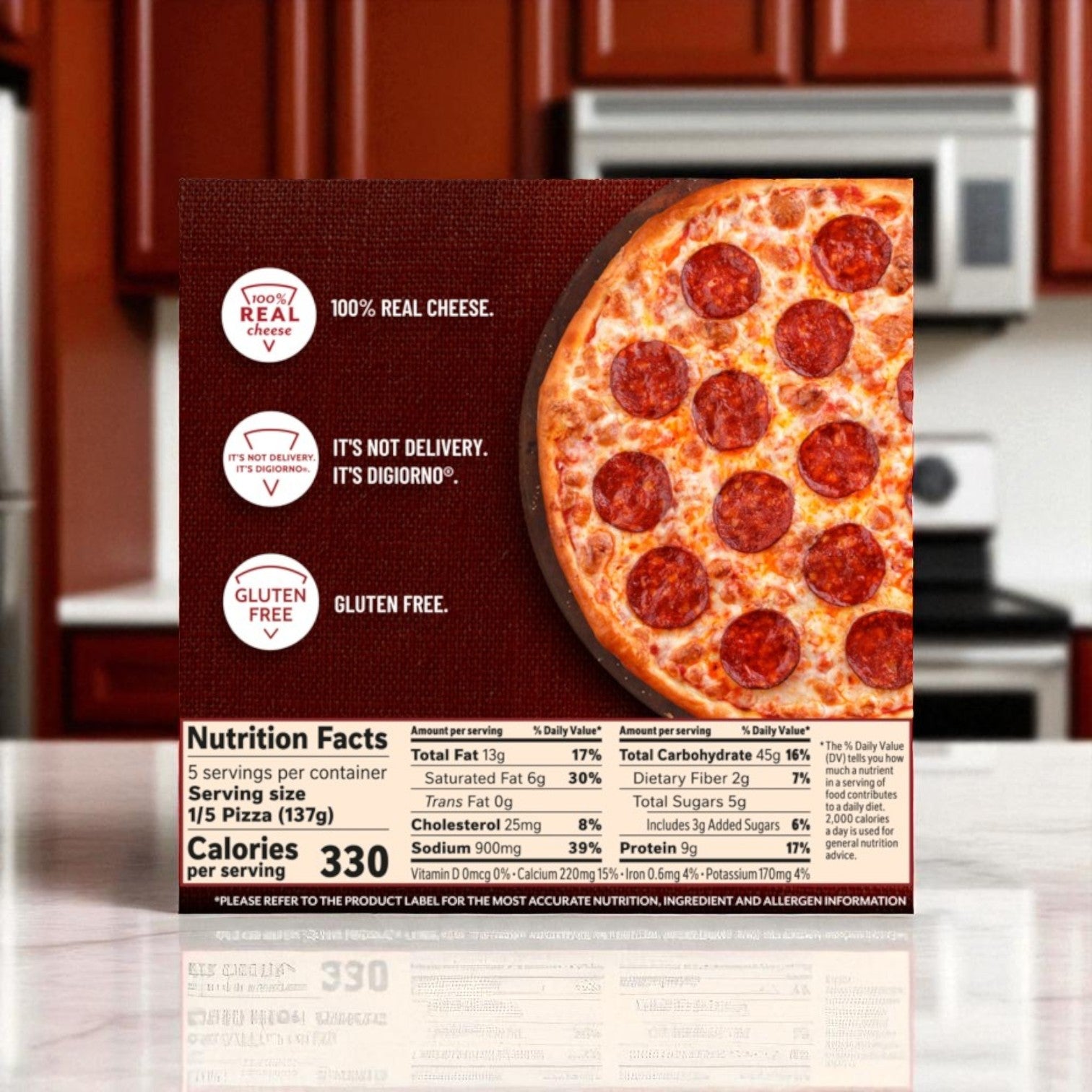 A box of Easy Lunches Gluten-Free Pepperoni Pizza Assortment featuring DiGiorno, Against The Grain & Udi’s sits on a kitchen counter with nutrition facts, gluten-free label, "100% real cheese," and "It's not delivery. It's DiGiorno.