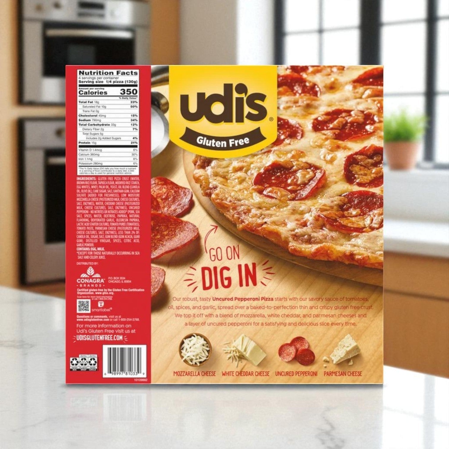 Box of Easy Lunches Gluten-Free Pepperoni Pizza Assortment – DiGiorno, Against The Grain & Udi’s (3 Pizzas) on a kitchen counter, with visible nutrition facts, ingredients, and a photo of the cheesy gluten-free frozen pizzas.