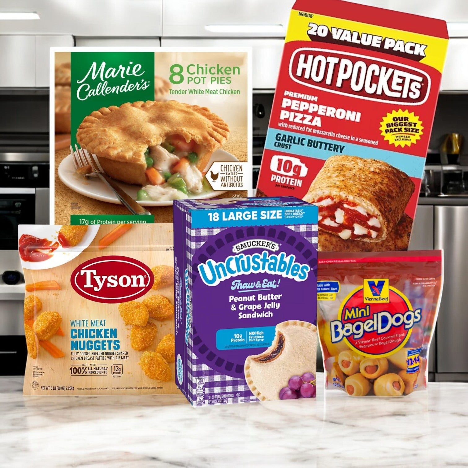 The College Care Package!! 5 Items! from Hot Pockets, featuring assorted frozen favorites, is displayed on a kitchen counter.