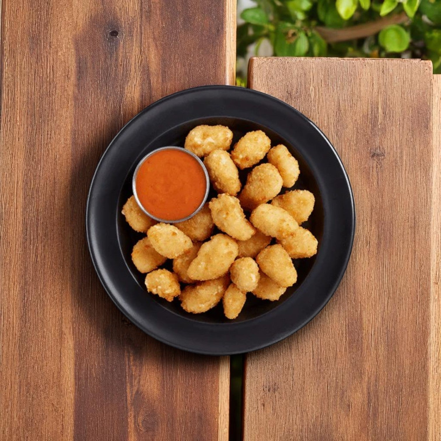 A black plate with Easy Lunches’ Gordon Choice Breaded White Cheddar Cheese Curds – 80 oz and a cup of orange dipping sauce sits on a wooden table near green plants.