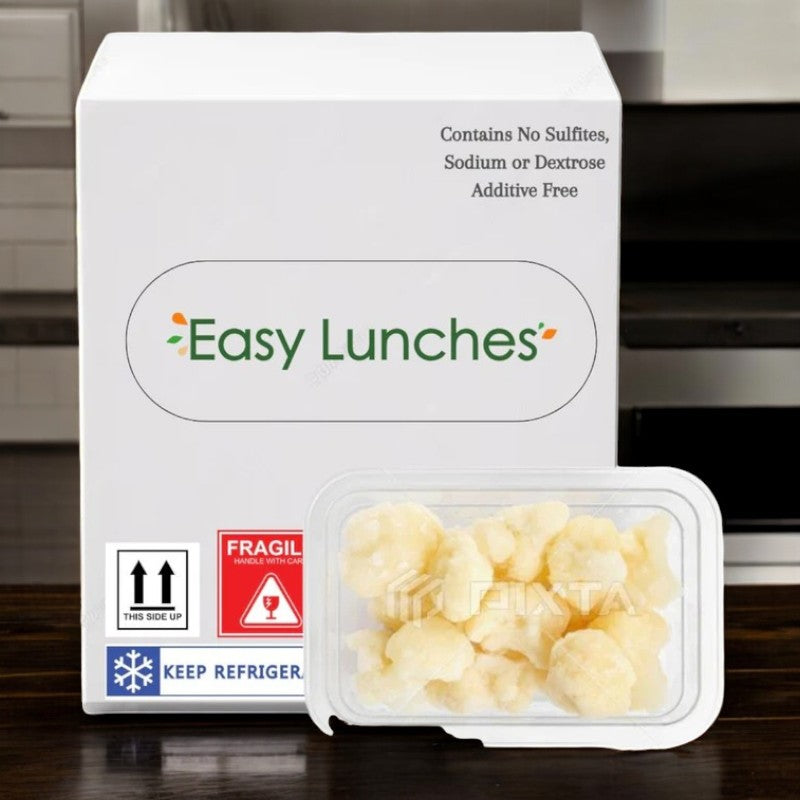 The "Easy Lunches" box includes a container of nutrient-rich, bite-sized Cauliflower Florets, 2.5 oz., promoting their low-carb benefits and "keep refrigerated" instructions. Made to order without sulfites, it offers a 7-day shelf life upon receipt.