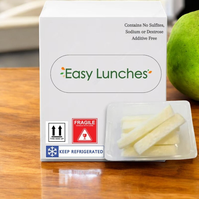 A box labeled "Easy Lunches" is on the table next to a packet of white strips, both promising additive-free options without sulfites, sodium, or dextrose. Keep refrigerated for fiber-rich and nutritious snacks featuring crunchy jicama sticks.