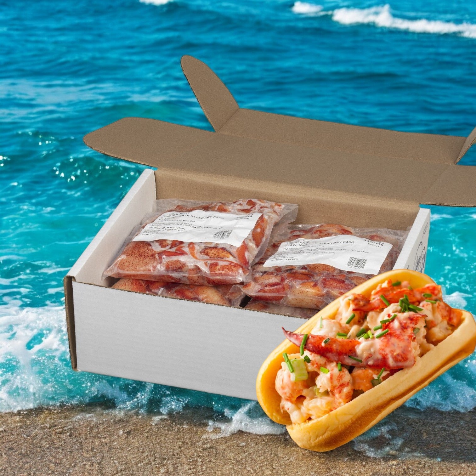 An open box of Easy Lunches Maine Lobster Meat Claw Knuckle Dry (6 packs, 2 lbs each) sits on a beach by the ocean, with vacuum-sealed lobster meat and a lobster roll beside it.