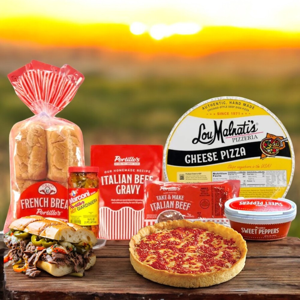 Enjoy a Chicago-style feast with Portillo's 8 Italian Beef Sandwich Combo featuring gravy and sweet peppers, Lou Malnati's Cheese Pizza, bread rolls, and tangy giardiniera from Easy Lunches, beautifully set against a sunset backdrop.