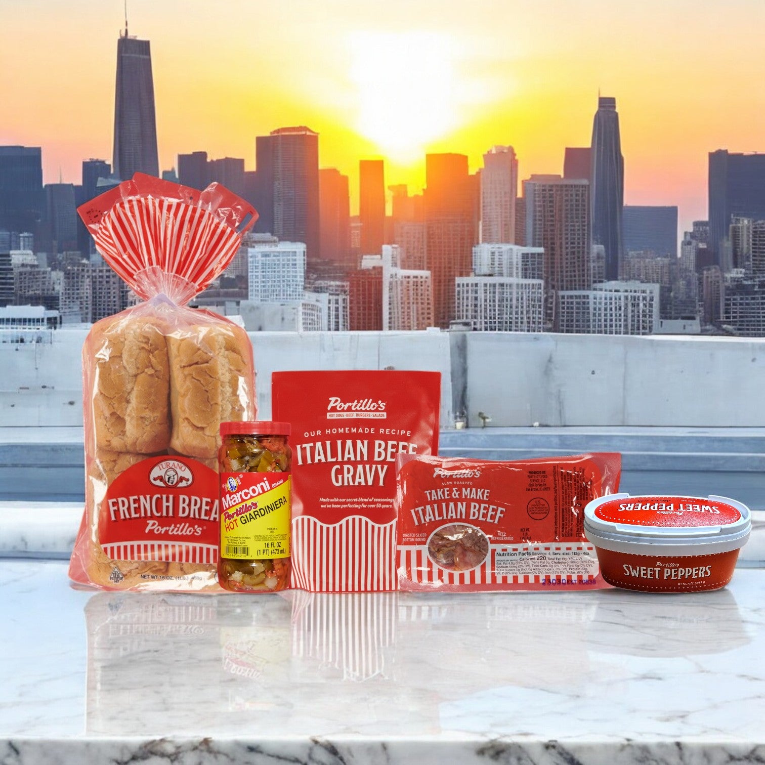 Portillo's 8 Italian Beef Sandwich Bundle, perfect for parties and including everything you need, sits on a marble counter with a city skyline and sunset in the background.