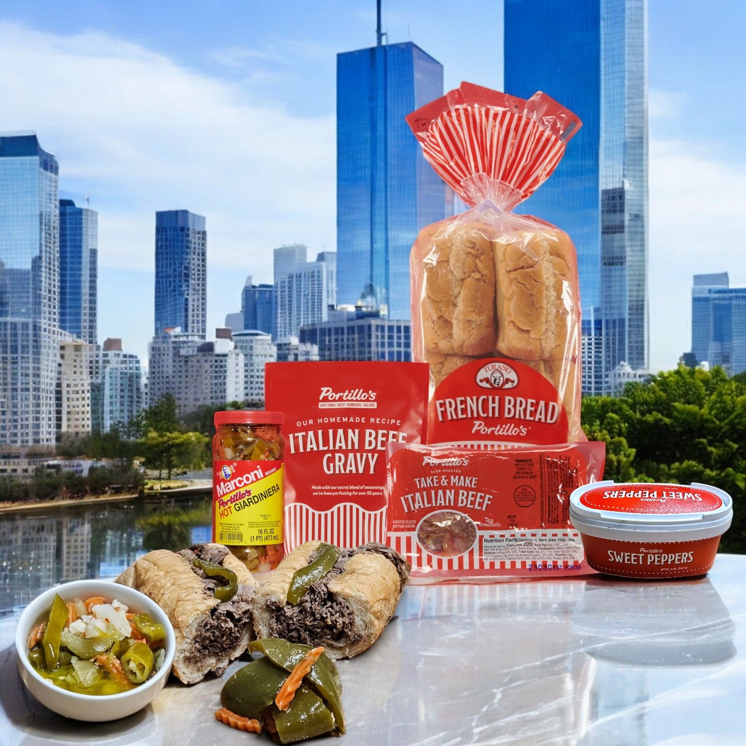 Portillo’s 8 Italian Beef Sandwich Bundle! Includes everything for classic Chicago-style sandwiches—signature gravy, French bread, and sweet peppers—perfect for parties, all from Portillo’s.