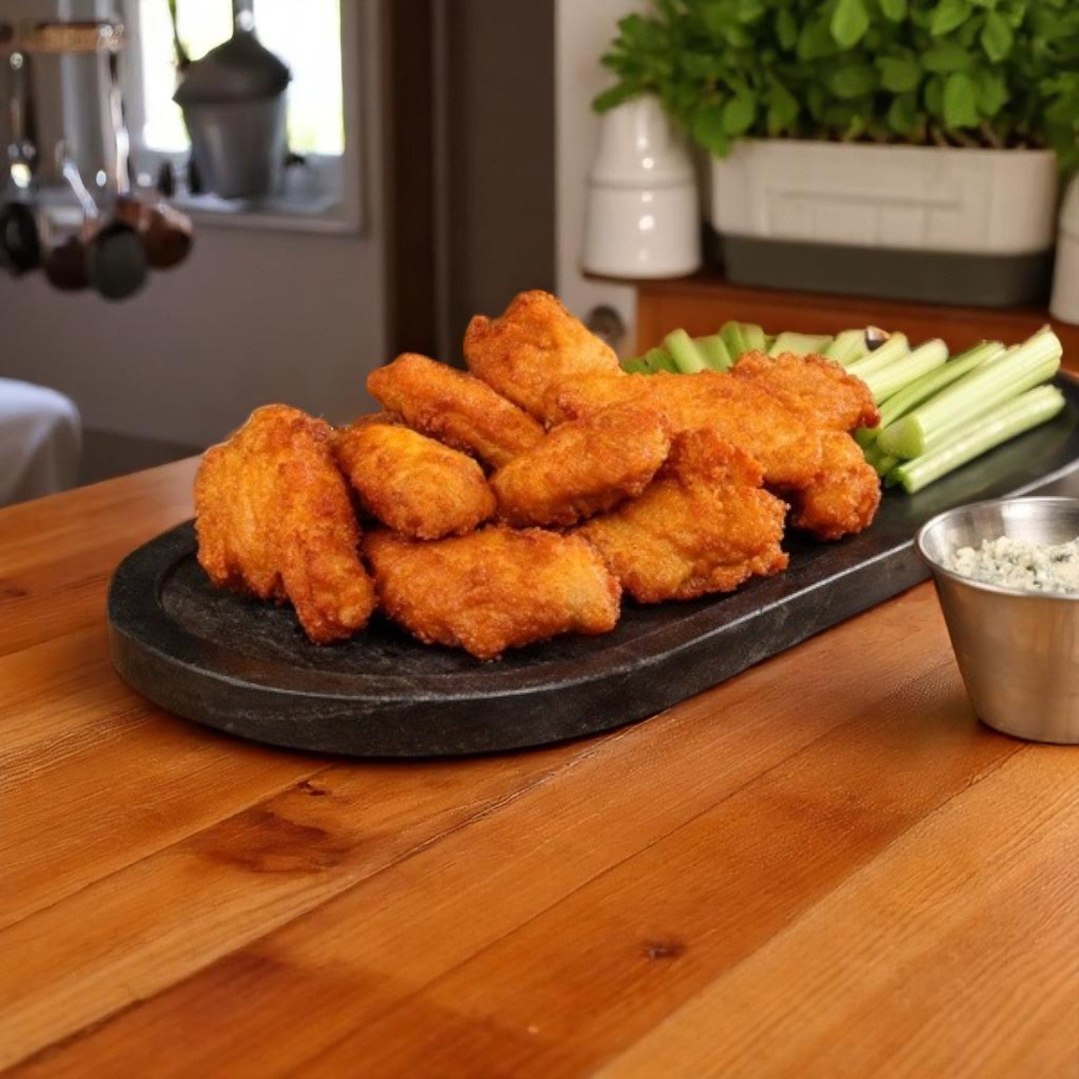 A black serving platter with Pierce Chicken Wings Breaded Zing Precooked, celery sticks, and a metal cup of dipping sauce sits on a wooden table.