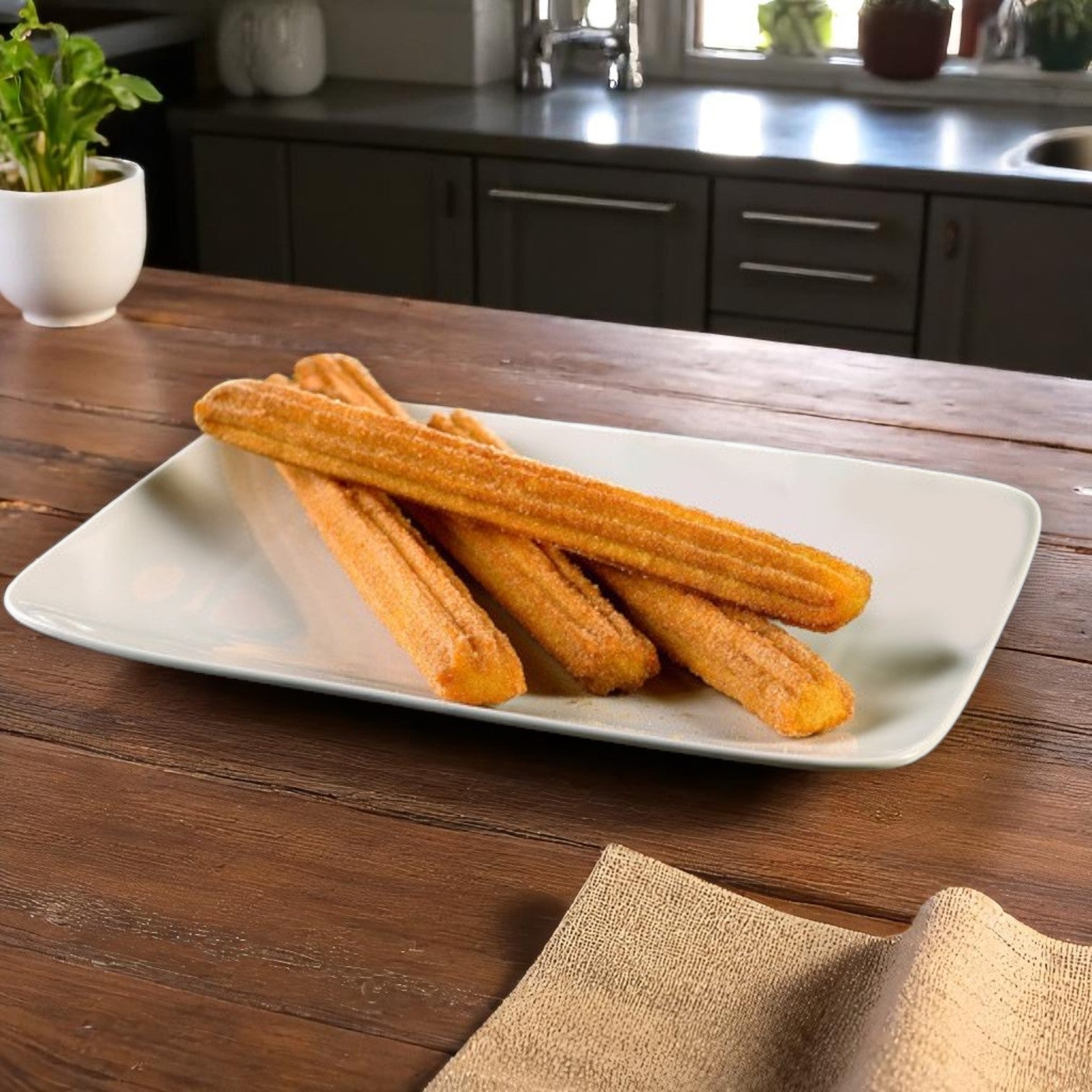 A white plate displays Hola Churro® Pre-Fried Plain Churros (10", 100 ct) on a wooden kitchen table, offering a tempting dessert snack from the Hola Churro brand.