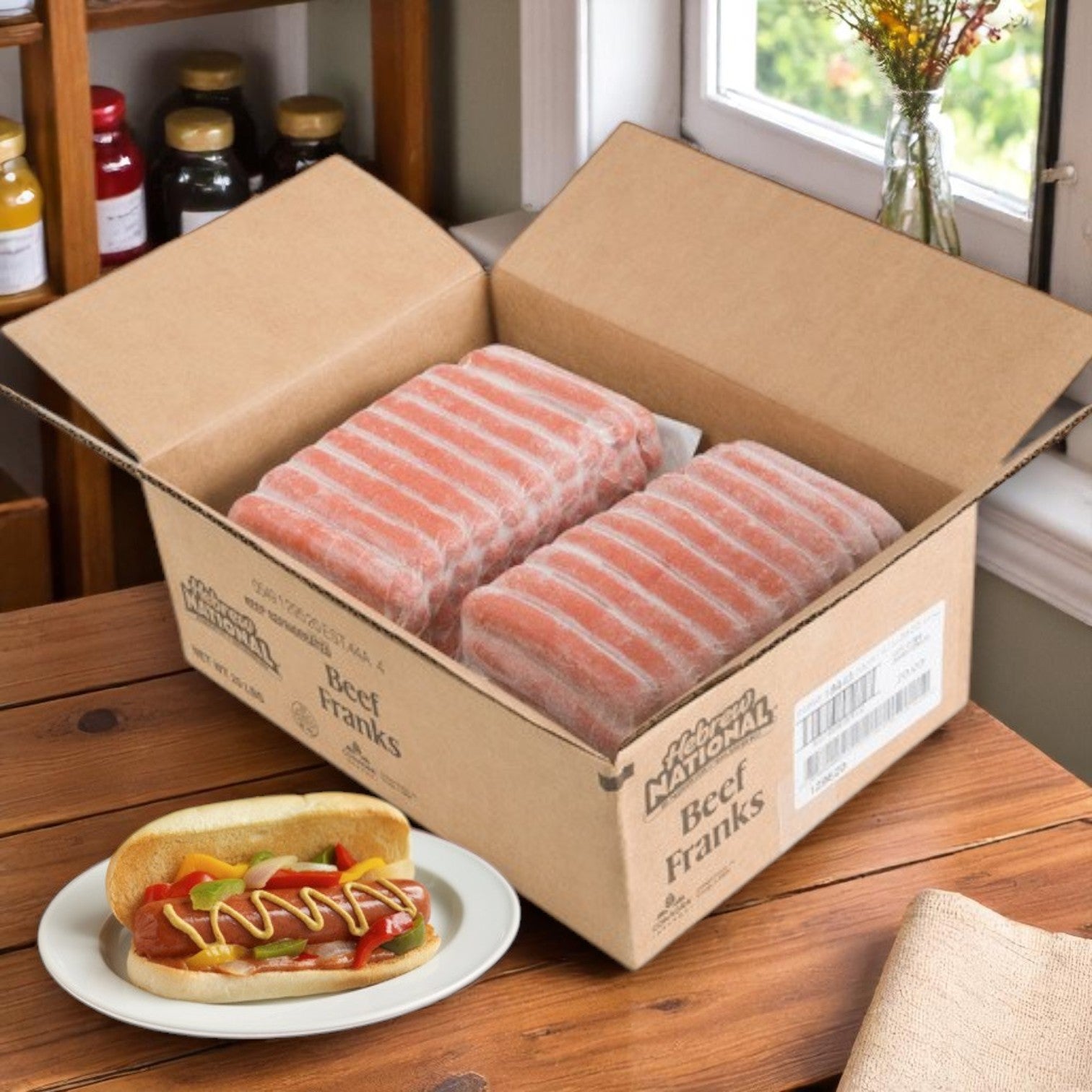 An open box of Hebrew National All Beef Frankfurter & Bun Bundle (4 Packs, 5 lbs each) sits by a hot dog topped with mustard, ketchup, and relish, highlighting the brand’s premium quality kosher beef flavor.