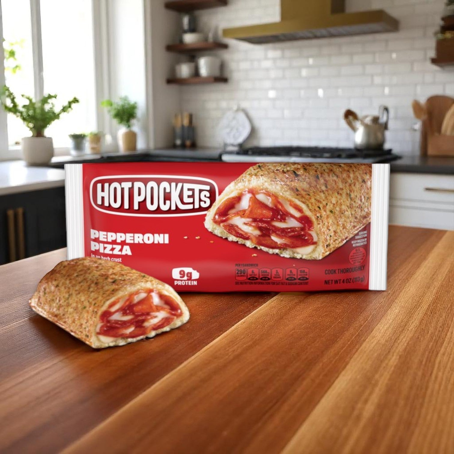 An Easy Lunches Hot Pocket Sandwich Stuffed Pepperoni Pizza, 30 Pack 4 OZ, rests on a wooden kitchen counter next to its package in a modern kitchen, showcasing its crispy crust with every bite.
