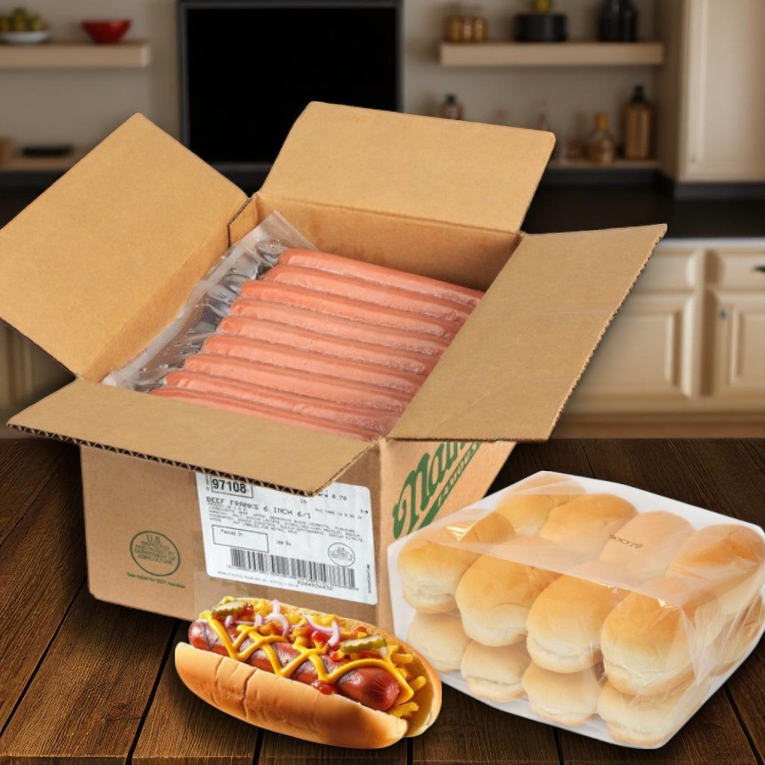 An open pack of Nathan's Famous All-Beef Frankfurters (60-pack), a sealed bag of Alpha Baking Hot Dog Buns (60 buns), and a prepared hot dog with mustard and relish sit on the kitchen counter.