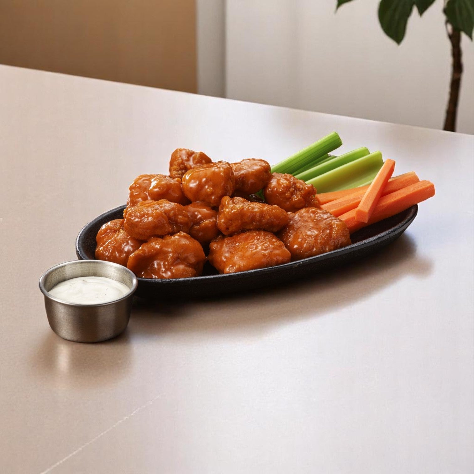 A plate of Pierce Boneless Zing Chicken Wings, Breaded & Precooked (2/5 LB Bags), made from premium chicken breast, served with celery, carrot sticks, and ranch dipping sauce on a beige table.