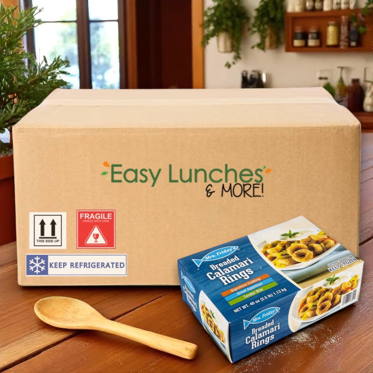 A cardboard box labeled "Easy Lunches & More!" sits on a wooden table beside a package of Mrs. Friday’s® Breaded Calamari Rings (4×2 lbs–8 lbs) and a wooden spoon, ready to make tasty seafood appetizers.
