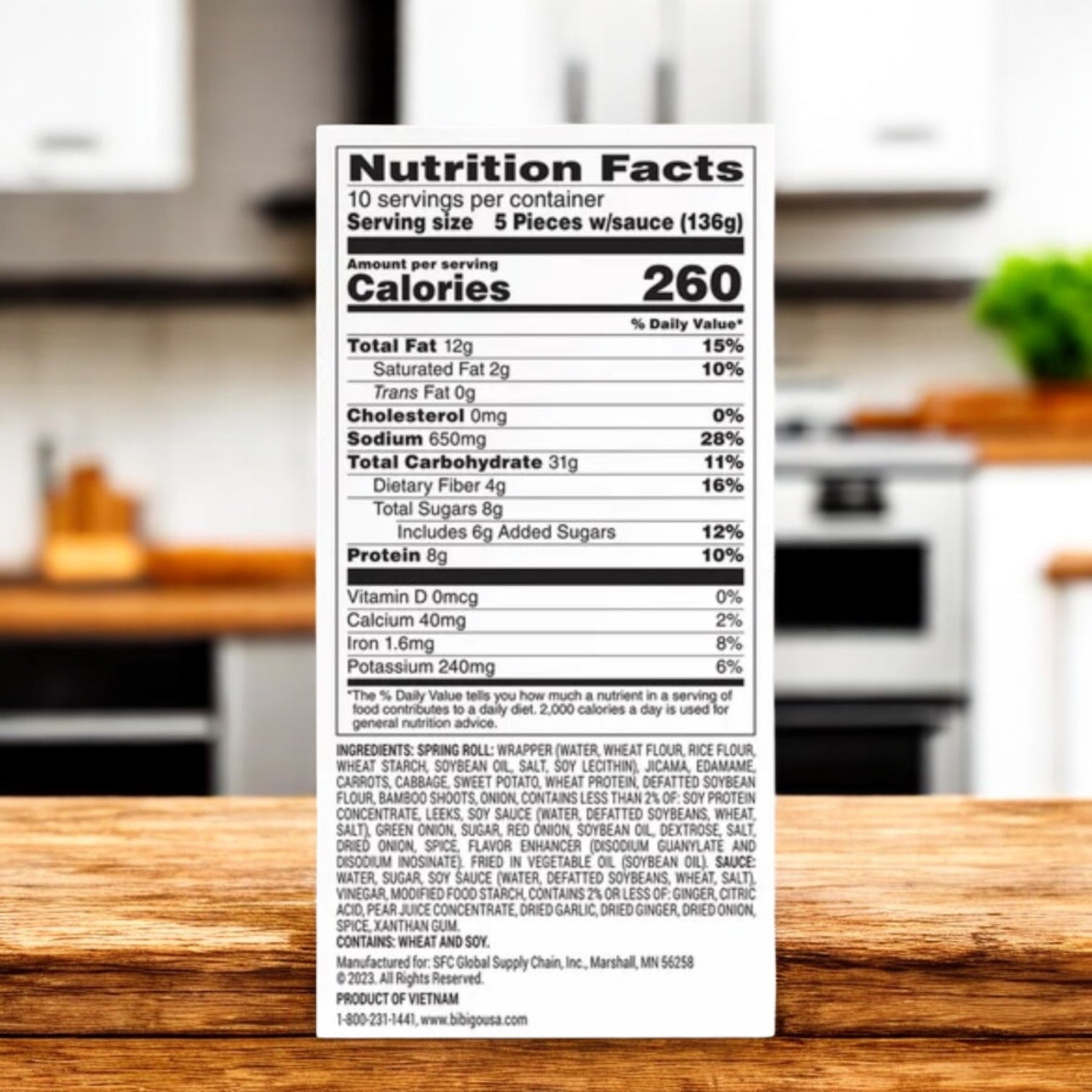 The nutrition facts label on Bibigo Vegetable Spring Rolls, 3 Pack, shows serving size, calories, fats, cholesterol, sodium, carbs, fiber, sugars, protein, vitamins, calcium, iron, and potassium.