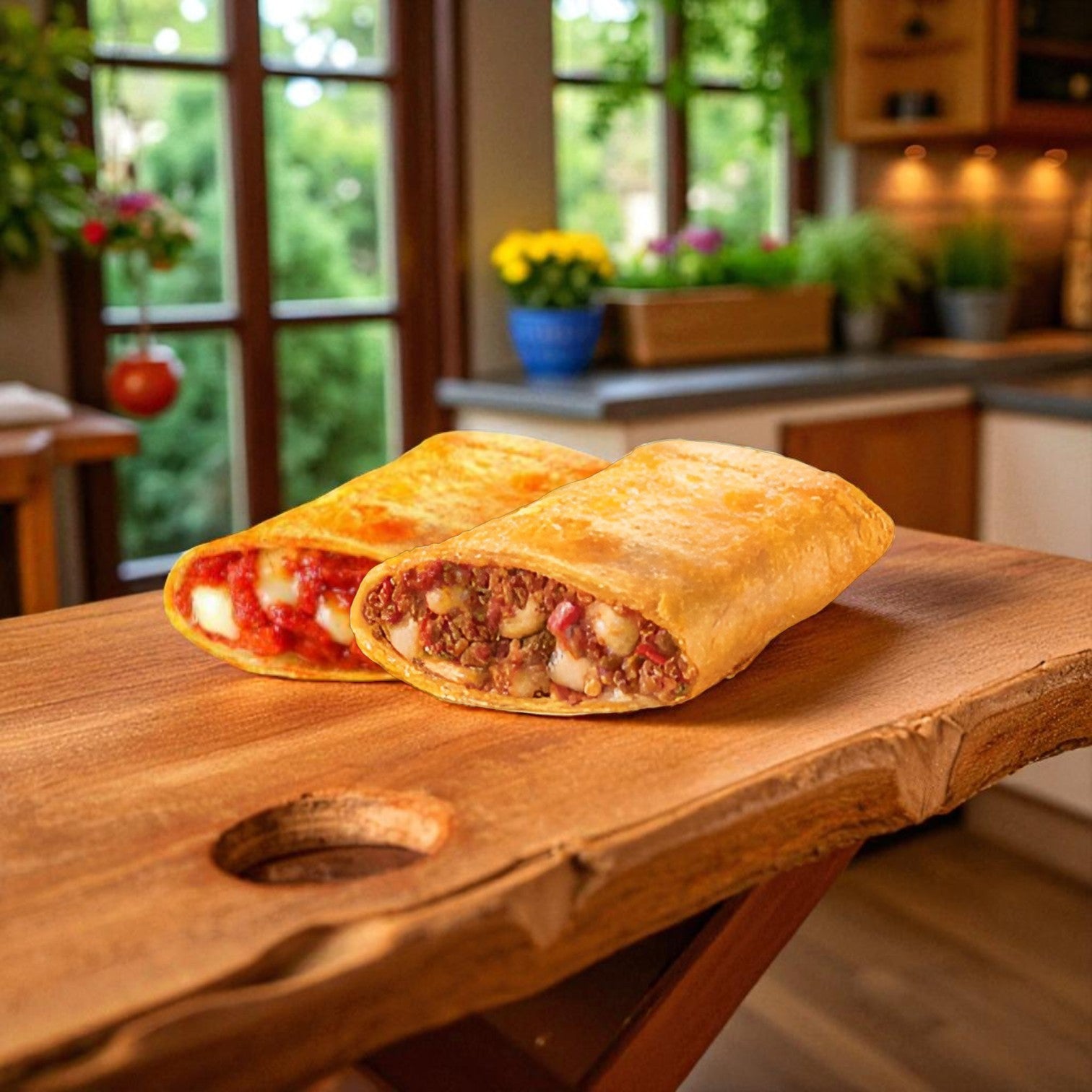 Two Iltaco Foods Pizza Puff Variety Pack rolls—Original Sausage & Pepperoni, 2 x 24 oz—are displayed on a wooden board in a kitchen with a window and plants, capturing classic Chicago street food.