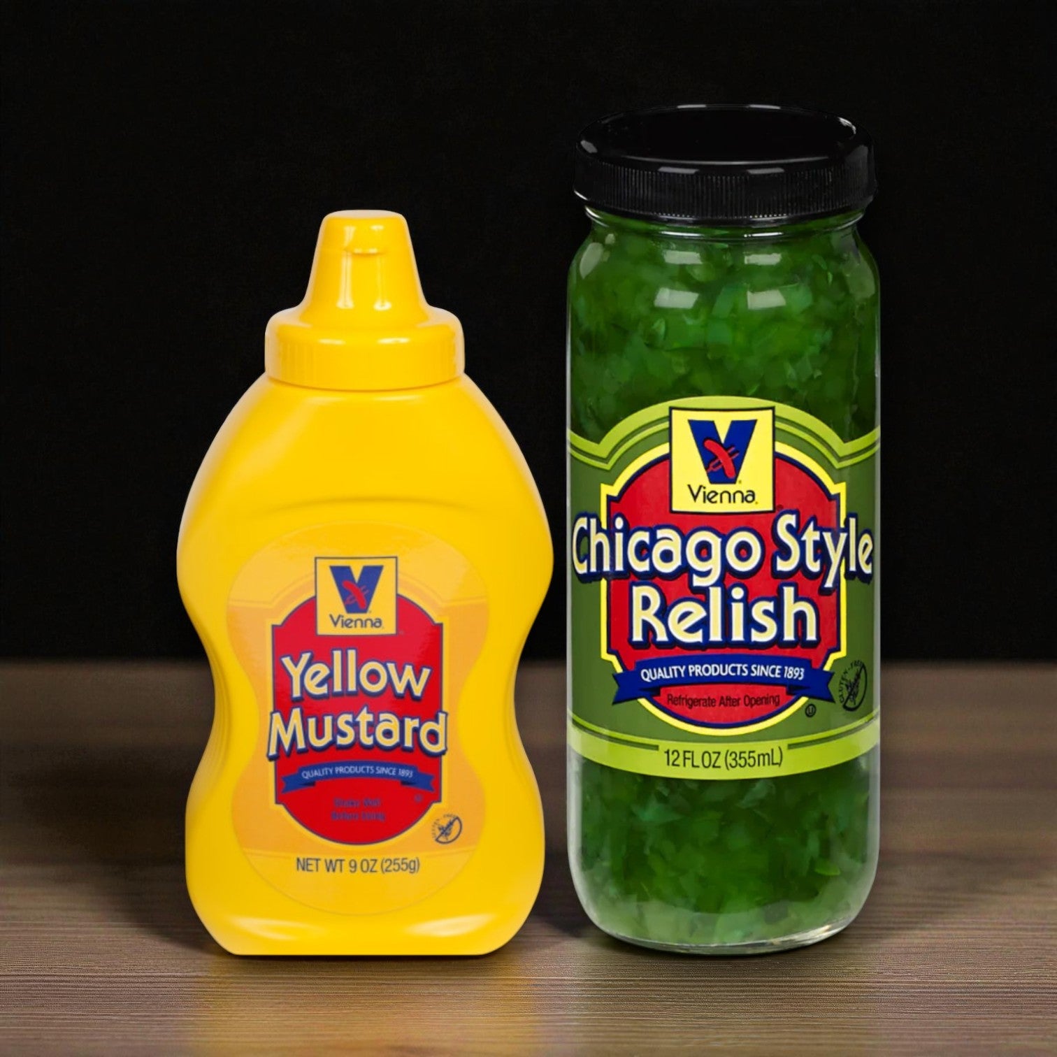 A bottle of Vienna Beef mustard and a jar of relish sit side by side, ready to top your Chicago‑style dog or complete your Vienna Beef Hot Dog Kit – 25 Franks, Poppy Seed Buns, Mustard & Relish.