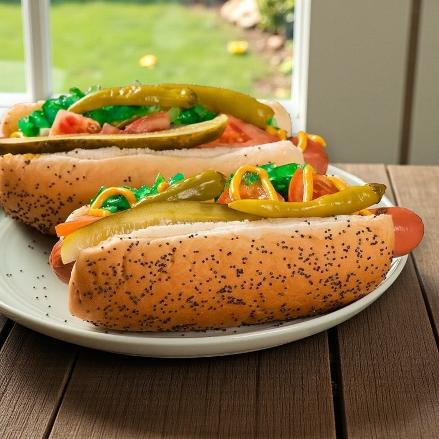 Two Chicago-style hot dogs made with Vienna Beef 6" Skinless Polish Beef Sausage and Vienna Poppy Seed Hot Dog Buns, topped with pickles, tomatoes, onions, relish, sport peppers & mustard, served on a white plate.