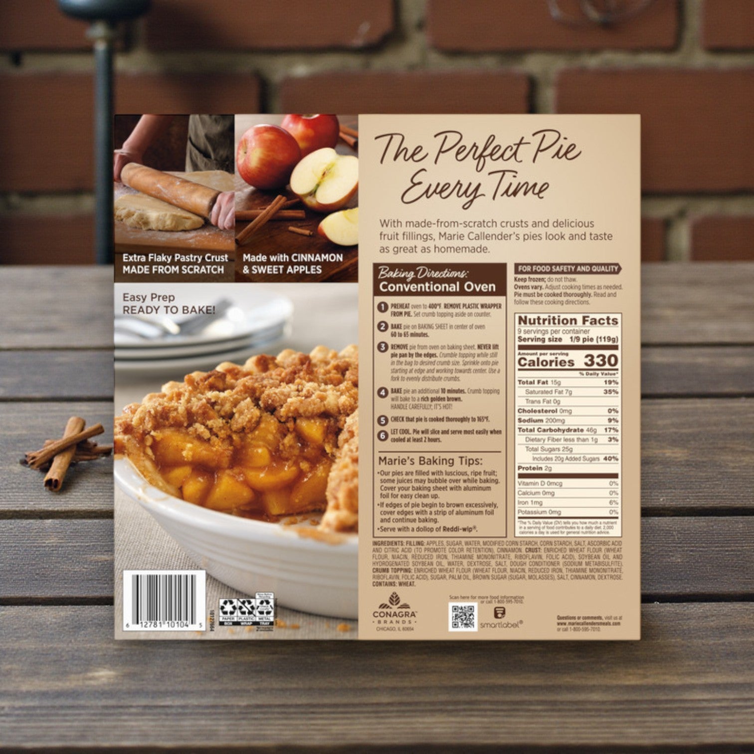 The back of a Marie Callender's Dutch Apple Pie – Ready to Bake Frozen Dessert, 38 oz box displays a recipe, baking directions, nutrition facts, and images of pie and apples with cinnamon sticks—a classic treat from Marie Callender's.