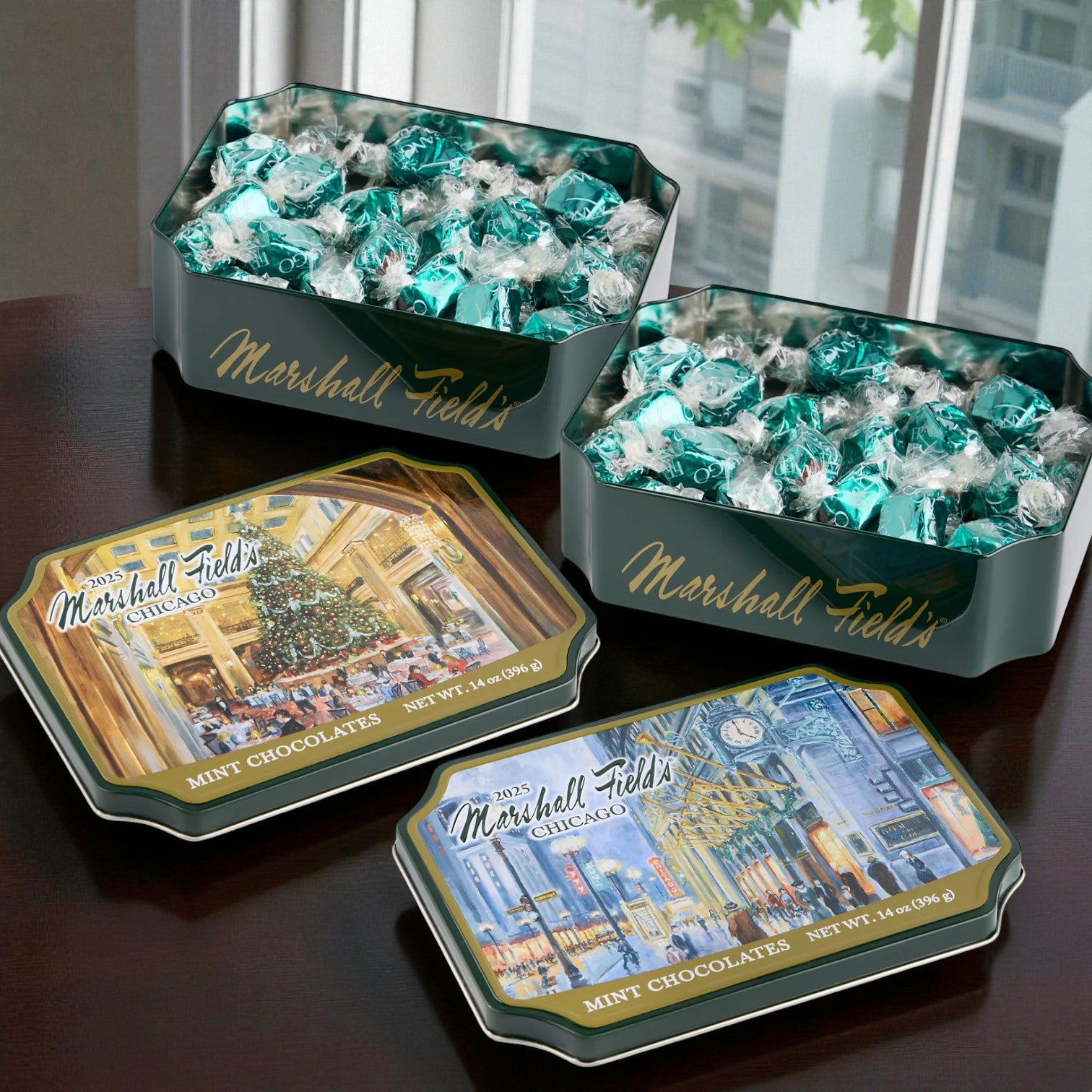 (2-Pack) Marshall Field’s Holiday Clock Tin Milk Mint Chocolates (14 oz) & Walnut Room Tin Milk Mint Chocolates (14 oz)